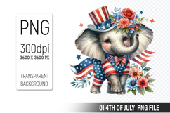 4th of July Elephant Clipart, Animal illustration for crafts Product Image 1