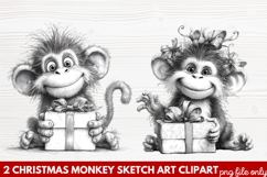 Christmas Monkey Sketch Art Clipart | Hand-Drawn Holiday Product Image 1