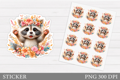 Cute Raccoon Sticker. Raccoon Flowers Sticker Printable Product Image 1