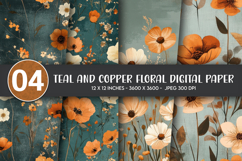 Teal and Copper Floral Digital Paper Product Image 1