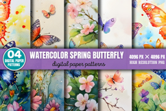 Watercolor Spring Butterfly Background Paper PNG Product Image 1