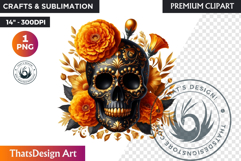 Floral Black Gold Sugar Skull dia de muertos Clipart PNG Product Image 1