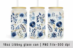 Blue Flower glass can wrap, Watercolor flowers sublimation Product Image 1