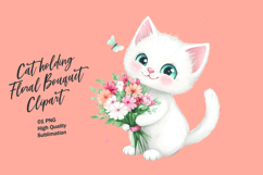 Cat holding floral bouquet watercolor clipart Product Image 1