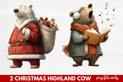 2 Christmas Highland Cow Clipart | Rustic Festive Cow PNG Product Image 1
