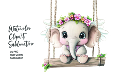 Cute elephant sitting in wooden swing clipart png Product Image 1