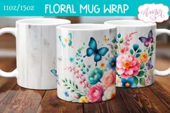 Spring floral mug wrap sublimation PNG, Butterflies mug png Product Image 1