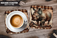 Rhinoceros, Wild Animals, Buffalo Plaid Square Coaster PNG Product Image 1