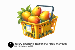 Yellow Shopping Basket Full Apple Mangoes Watercolor PNG Product Image 1