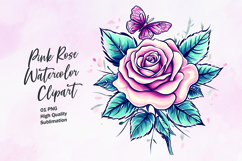 Pink rose with butterfly watercolor clipart sublimation Product Image 1