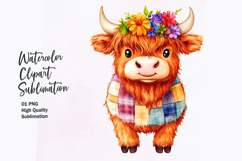 Watercolor kawaii highland cow patchwork patterned clipart Product Image 1