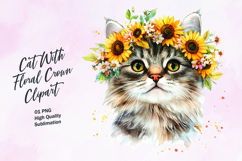 Cat with floral crown watercolor clipart Product Image 1