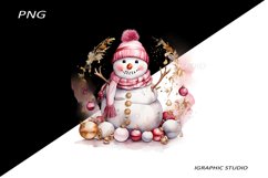 Pink Snowman Clipart, Gold and Pink Chistmas Clipart Product Image 1
