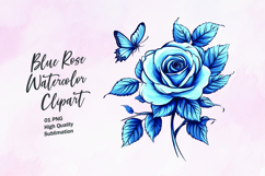 Blue rose with butterfly watercolor clipart sublimation Product Image 1