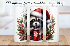 Christmas festive Raccoon Tumbler Wrap|Sublimation PNG. Product Image 1