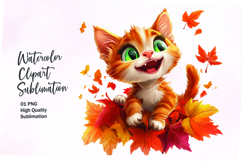 Cute cat with autumn leaves clipart png Product Image 1