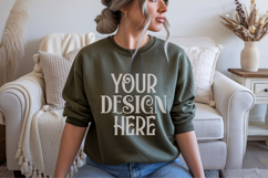 Gildan 18000 Military Green Crewneck Sweatshirt Mockups,G180 Product Image 1
