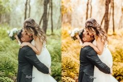 Before and after using Golden Wedding Presets on the outdoor bride and groom photo - Golden Wedding Presets transform outdoor bride and groom photo - Golden Wedding Presets add an aesthetic Instagram vibe to the outdoor bride and groom photo.