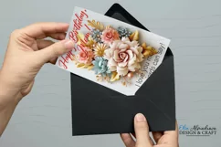 PNG printable card template for Mothers Birthday celebrations with beautiful 3d flowers and quotes Happy Birthday, Mom. BONUS- SVG envelope template for card.
