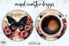 Vintage Butterfly Coaster, Vintage Music Paper with Flowers Product Image 1