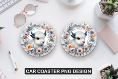 Floral Cow Car Coaster Sublimation| Animal Coaster PNG Product Image 1