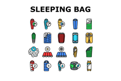 sleeping bag camping hiking icons set vector Product Image 1