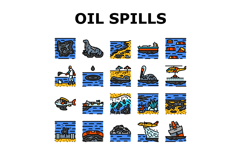 oil spills pollution cleanup icons set vector Product Image 1