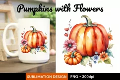 Watercolor Pumpkins with Flowers PNG Sublimation Design Product Image 1
