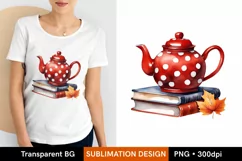Watercolor Red Teapot and Books PNG, Fall Sublimation Design Product Image 1