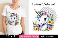 Cute Unicorn with Flowers PNG Sublimation, Unicorn Clipart Product Image 1