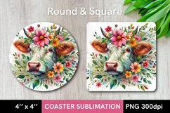 Watercolor Cow with Flowers - Cow Coaster Sublimation PNG Product Image 1