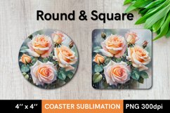 Roses Flowers under the Rain. Round and Square Coaster PNG Product Image 1
