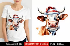 Cute Christmas Cow - Watercolor Sublimation PNG Product Image 1