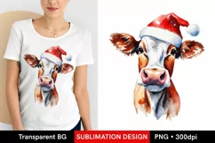 Watercolor Christmas Cow with Santa Hat PNG Product Image 1