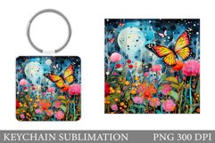 Butterflies Keychain Sublimation. Flowers Square Keychain Product Image 1
