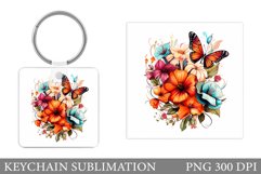 Butterflies Keychain Sublimation. Square Keychain Flowers Product Image 1
