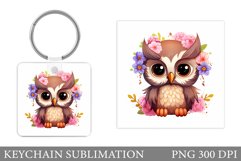 Cute Owl Keychain Design. Owl Flowers Square Keychain Product Image 1