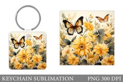 Flowers Keychain Design. Butterflies Keychain Sublimation Product Image 1