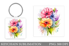 Gerbera Keychain Sublimation. Watercolor Flowers Keychain Product Image 1