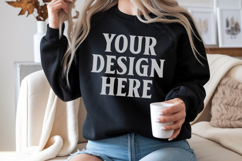 Gildan 18000 Black Mockup , Crewneck Sweatshirt Boho Mock-up Product Image 1