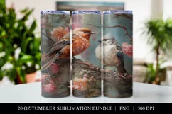 Vintage Birds 20 oz Skinny Tumbler Sublimation Full Wrap PNG Product Image 1