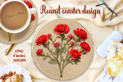 Red vintage floral round coaster sublimation design png Product Image 1