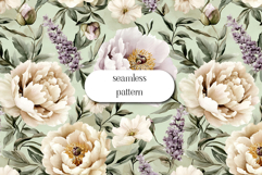 Vintage Peony and Lavender Seamless Floral Pattern on Soft Product Image 1