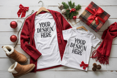 Christmas Family Matching Shirt Mockup | Cozy Boho Flat Lay Product Image 1