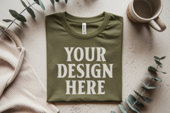 Heather Olive Folded Bella Canvas 3001 Flat Lay T-Shirt Mock Product Image 1