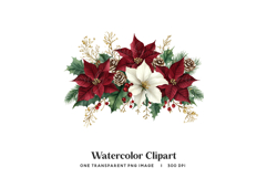 Red White Poinsettia Bouquet PNG Gold Pinecone Holly Christm Product Image 1