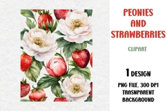Watercolor Peonies and Strawberries, PNG Product Image 1