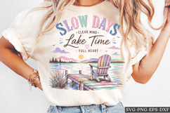 Slow Days Lake Time Retro Sunset Lake Life PNG Design Product Image 1