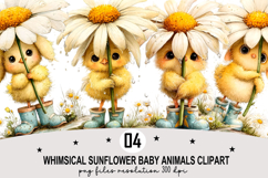 Whimsical Sunflower Baby Animals Clipart Watercolor png Product Image 1