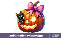 Coquette Halloween Pumpkin Black Cat PNG DTF Sublimation Product Image 1